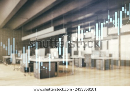 Double exposure of abstract creative financial chart hologram on modern corporate office background, research and strategy concept