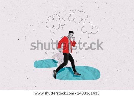 Collage picture of carefree excited black white colors guy jump run puddle painted clouds sky raindrops isolated on paper background