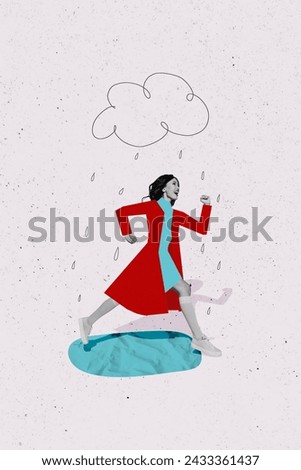 Vertical collage picture of overjoyed black white colors girl running puddle rainy cloud isolated on paper background