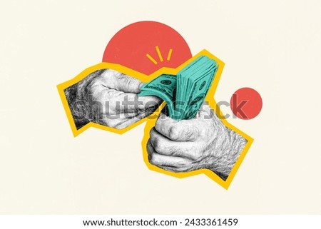 Composite photo collage of massive hairy hands hold wad money count dollars earnings income wealth isolated on painted background