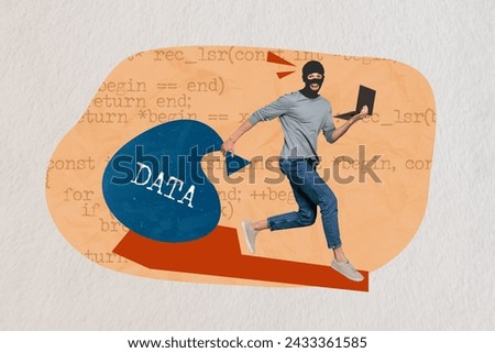 Photo collage picture of robber young man in mask jumping with bag private information users hacker use laptop isolated on beige background