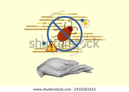 Composite collage picture image of hand hold bug danger warning sign hacking attack security antivirus bizarre unusual fantasy billboard