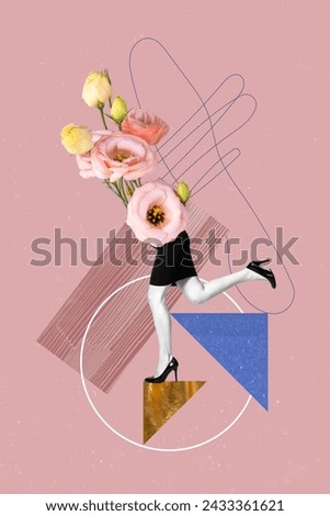 Cartoon comics sketch collage picture of flowers body lady running stairs down isolated pink color background