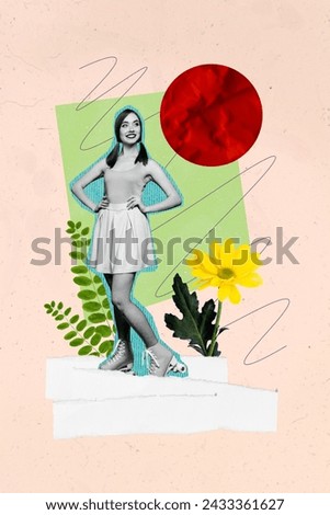 Collage picture placard of cheerful lovely girl in dress have fun ride roller skate spring weather isolated on drawing background