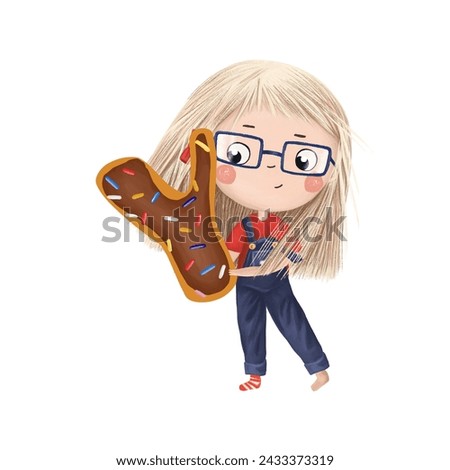 Cute little girl with chocolate donut- letter Y on white background. Learn alphabet clip art collection