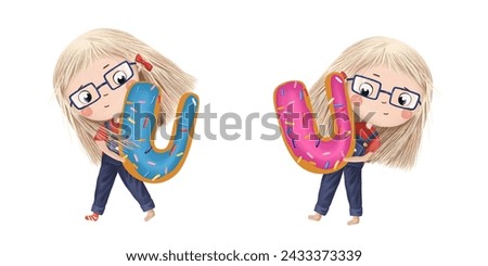 Cute little girl with chocolate donut- letter U. Tasty set on white background. Learn alphabet clip art collection