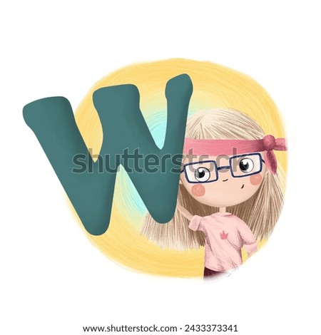 Cute little girl with letter W. Colorful cartoon graphics. Learn alphabet clip art collection on white background