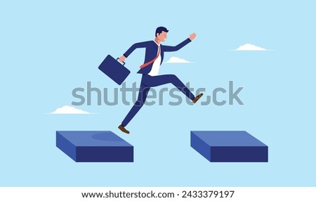 Businessman jumping - Businessperson taking chances with giant leap of faith over platform high up in sky. Business risk and step forward concept in flat design vector illustration Royalty-Free Stock Photo #2433379197