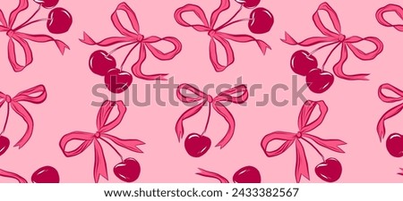 
Seamless vector pattern. Pattern of pink bows and cherries on a pink background. Trendy print. Festive pattern. Design for wrapping paper, packaging, background, fabric, textile, home decor, gifts, g Royalty-Free Stock Photo #2433382567