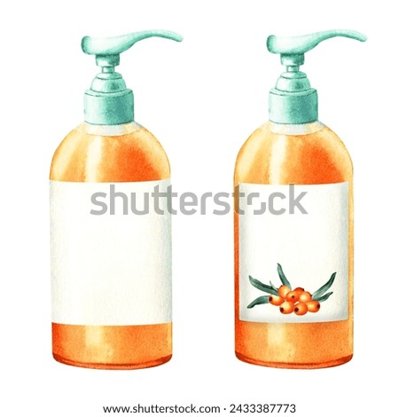 A set of dish or hand soap dispenser with label for kitchen or bathroom. Hand drawn watercolor illustration isolated on white background. For clip art label package