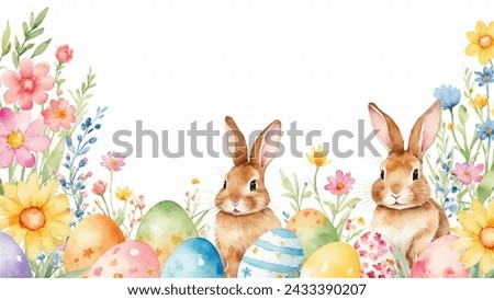 Happy easter, watercolor vector of cute Easter rabbit, eggs, and spring flowers. Spring pastel colors illustration.