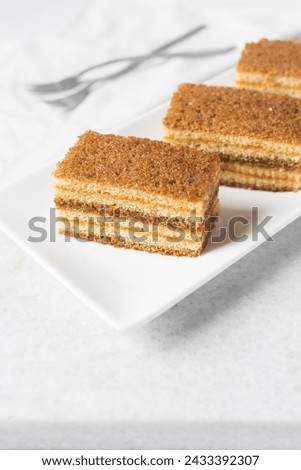 slice of vanilla cake with jam filling on a white plate, thin layers of vanilla and chocolate cake with jam filling on a white background Royalty-Free Stock Photo #2433392307