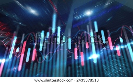 Investing Forex concept. Growing stock market candlestick and graphs on modern skyscraper.