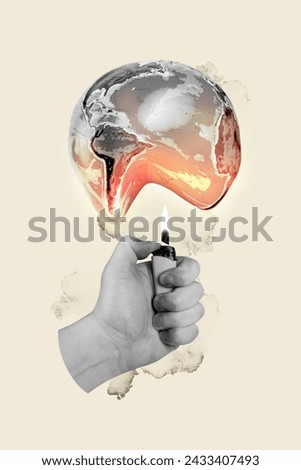 Vertical photo collage picture human hand ignite lighter earth planet globe catastrophe harmful pollution nature danger drawing background