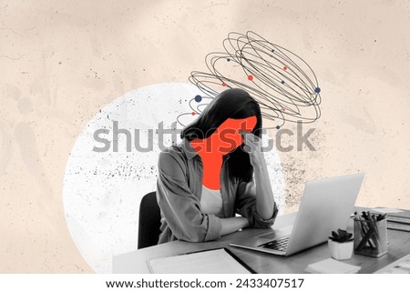 Trend artwork 3D photo collage sketch image of young sad stressed lady with headache burnout deadline overloaded tired work in office Royalty-Free Stock Photo #2433407517