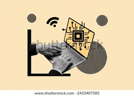 Creative collage about technological progress it specialist programming microprocessor settings in laptop isolated on yellow background