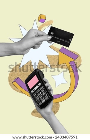 Photo cartoon comics sketch collage picture of arm paying credit card terminal isolated graphical background