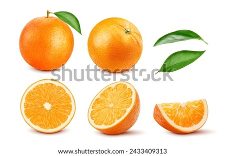 realistic ripe orange whole citrus fruit, slice and half section, revealing its fresh, succulent interior. Isolated 3d vector set of plump and juicy fruit parts, with tangy flavor and citrusy aroma Royalty-Free Stock Photo #2433409313
