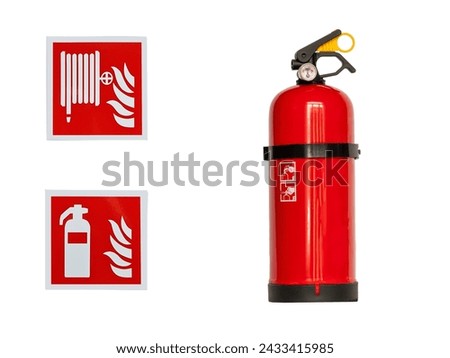 fire extinguisher and safety sign isolated on white background