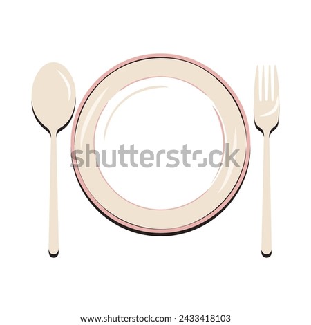 Dish, Empty plate with knife and fork  isolated on a white background. Plate circle icon with long shadow. Flat design style.