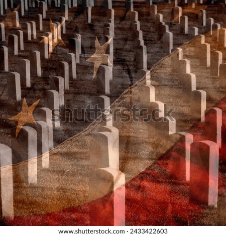 Arlington military Cemetery and Grave Stones of Fallen Soldiers with Faded Flag
