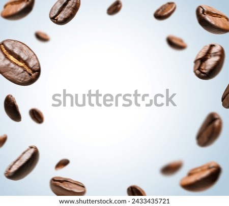 Falling coffee beans isolated on white background. Cafe menu or brochure template.