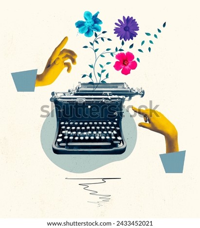 Pop art collage. Female hand typing on retro typewriter over creative design background. Vintage, retro