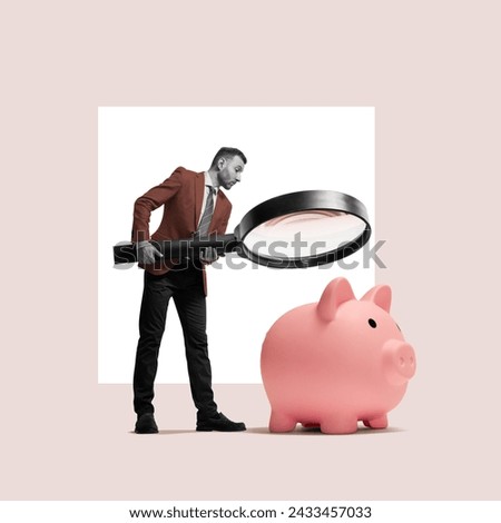 A businessman looks through a large magnifying glass at a piggy bank. Art collage.