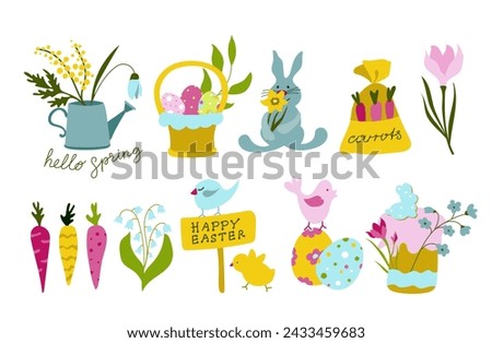 Set of Easter design elements. Eggs, chicken, rabbit, tulips, flowers, basket, tulips, carrots,narcissus,watering can and Easter cake.Vector flat on a white background.Isolated