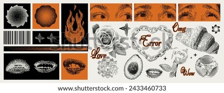 Set of trendy different bitmap or halftone elements. Pixel y2k style. Retro futuristic clip art shapes. Vector illustration. Chain in the shape of a heart, stars, eyes, mouth, roses, fire, avocado.