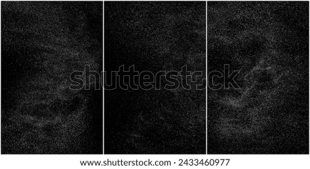 White grainy texture. Abstract dust overlay. Grain noise. White explosion on black background. Splash realistic effect. Set vector illustration, eps 10.   