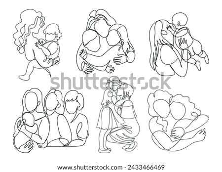 Mom hugs her children. A young mother holds and kisses her child. Mother talking to little daughter. An adult daughter hugs her mother. Grandmother, daughter, granddaughter with a baby. Vector set Royalty-Free Stock Photo #2433466469