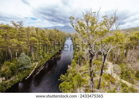 Tahune Airwalk landscape around the Huon River on a cloudy summer's day in Huon Valley, Tasmania, Australia