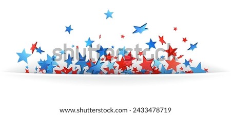 A creative display of red and blue stars seemingly rising from the bottom edge on a white background, ideal for American themed events. Royalty-Free Stock Photo #2433478719