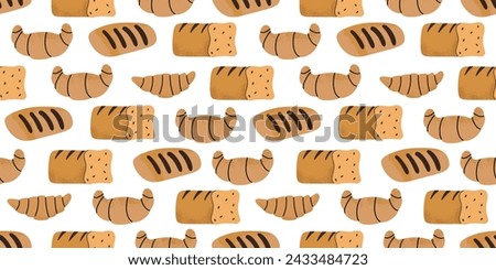 Seamless pattern with fresh bread. Bakery background. Horizontal bolder with fresh pastry. Vector illustration.   Royalty-Free Stock Photo #2433484723