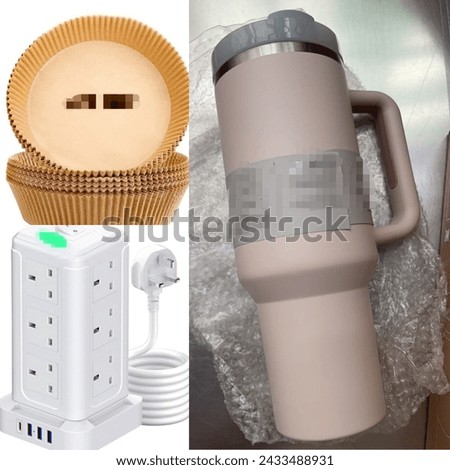 Reusable vacuum tumbler, air fryer disposable paper liners and extension lead Tower with usb ports  Royalty-Free Stock Photo #2433488931