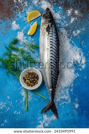 Raw mackerel on a blue background with salt, dill and lemon slices. Marine theme. View from above.