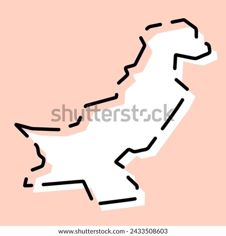 Pakistan country simplified map. White silhouette with black broken contour on pink background. Simple vector icon