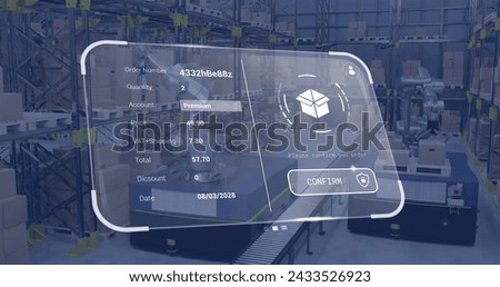 Image of digital interface with icons and data processing over diverse workers in warehouse. Global delivery, shipping and retail concept digitally generated image.