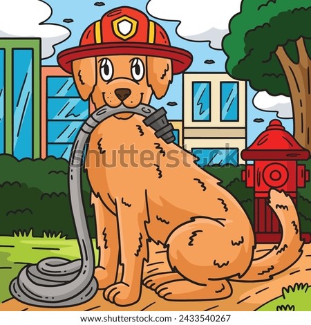 Firefighter Dog Colored Cartoon Illustration