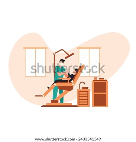 Dental clinic for kids. Dentist appointment, oral care procedures. Patient dental examination. Doctor in uniform treating human teeth using medical equipment. vector flat illustration.
