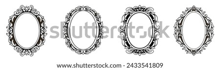 Set of black and white oval vintage frames with classic engraving ornament. Swirl, flourish, victorian, damask, arabesque, filigree floral element border frame collection vector illustration