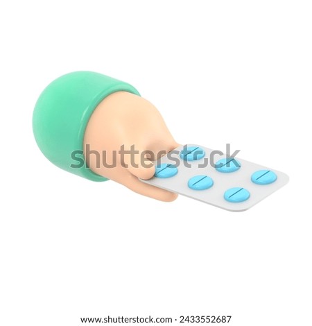 3d render. Pack of pills icon. Doctor or pharmacist cartoon hand with black skin holding drugs. Medical healthcare illustration.3D rendering on white background.
