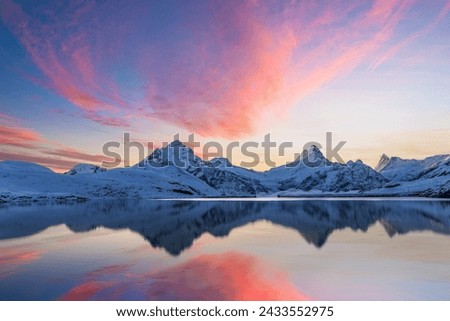 Lake Bachalpsee with Jungfrau, Eiger, and Monch Peaks after an early snow. Royalty-Free Stock Photo #2433552975