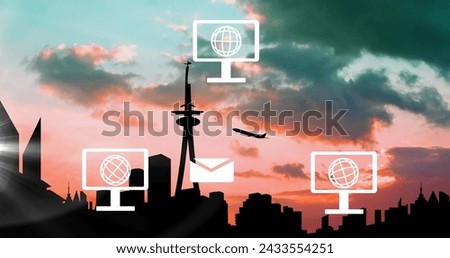 Image of icons, connections and data processing over landscape. Global digital interface, cloud computing and data processing concept digitally generated image.