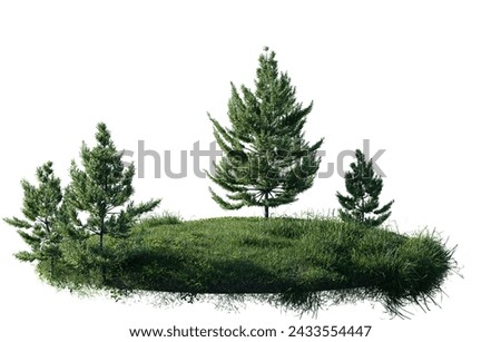 Round surface of Small Pine forest patch covered with flowers, green or dry grass isolated on white background. Realistic natural element for design. Bright 3d	
