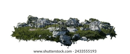 round surface patch covered with flowers, green leaf rock plant or dry grass isolated on white background. Realistic natural element for design. Bright 3d illustration.	