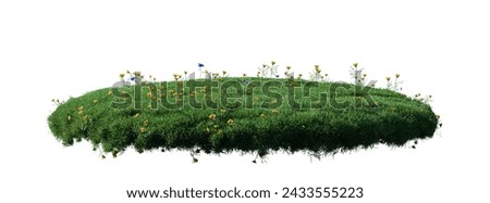 round surface patch covered with flowers, green leaf rock plant or dry grass isolated on white background. Realistic natural element for design. Bright 3d illustration.	