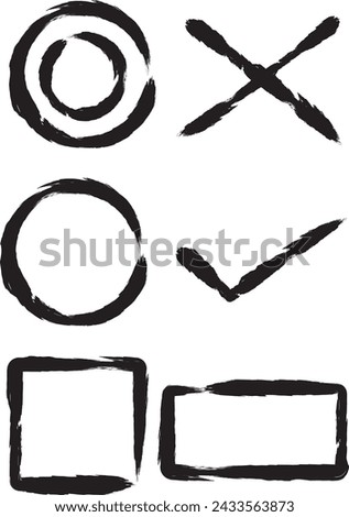 A set of circle, cross, and square marks drawn with a brush.
