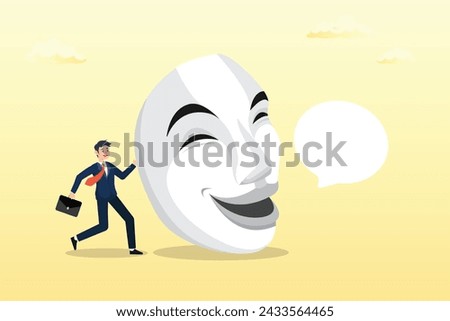 Dishonest businessman hiding behind disguise mask pretend to lying, dishonesty, lies or scam, fraud or fake hiding behind disguise mask, business cheating or suspicion false or fake news (Vector) Royalty-Free Stock Photo #2433564465